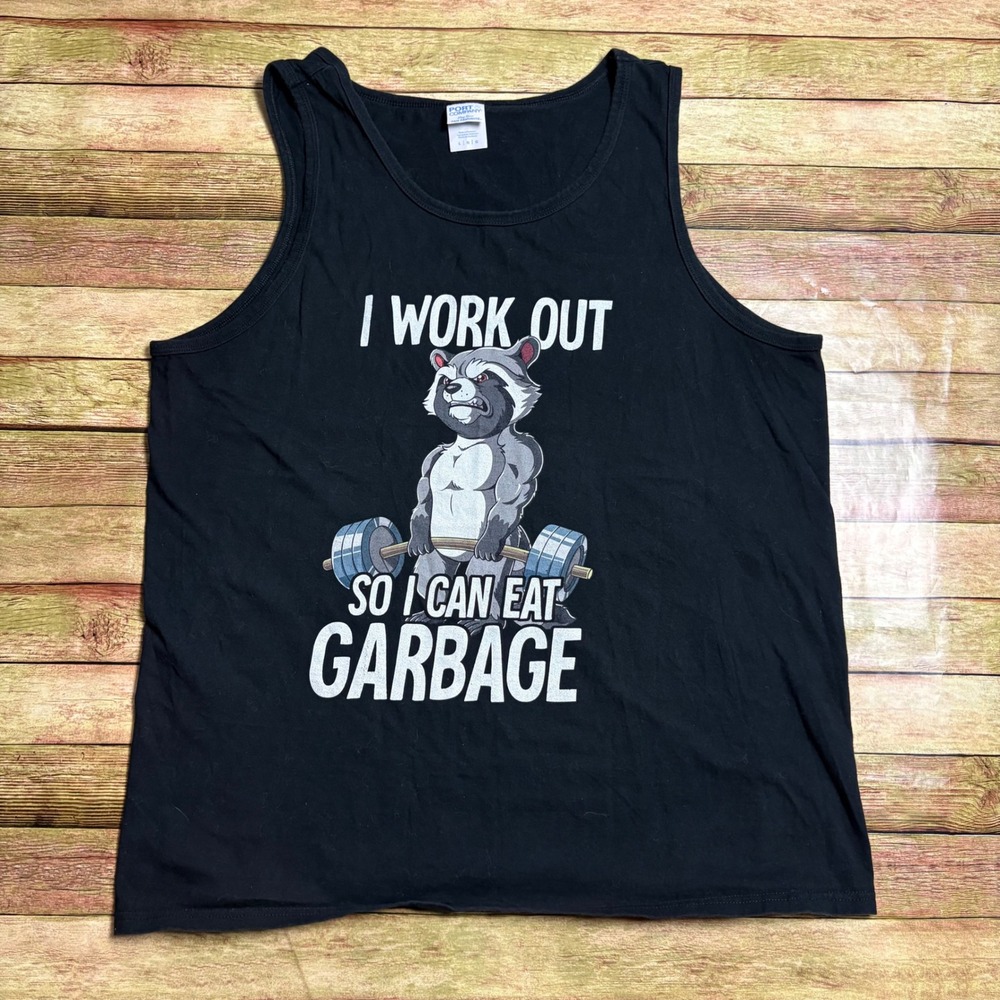 Port & Company Raccoon I Work Out So I Can Eat Garbage Graphic Tank Top Black L